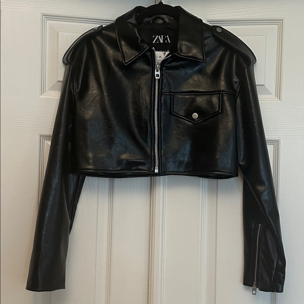 NEW Zara Cropped Faux Leather Jacket